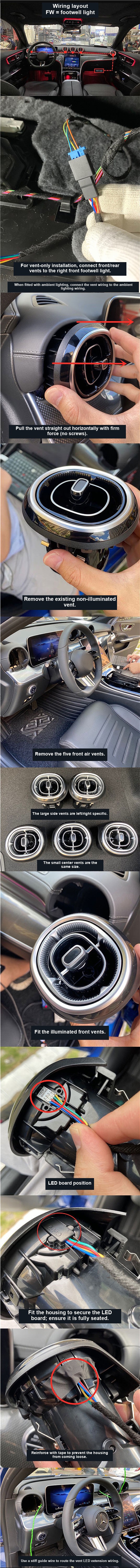 Excerpt from an existing illustrated W206 front-air-vent guide showing real parts and installation photographs