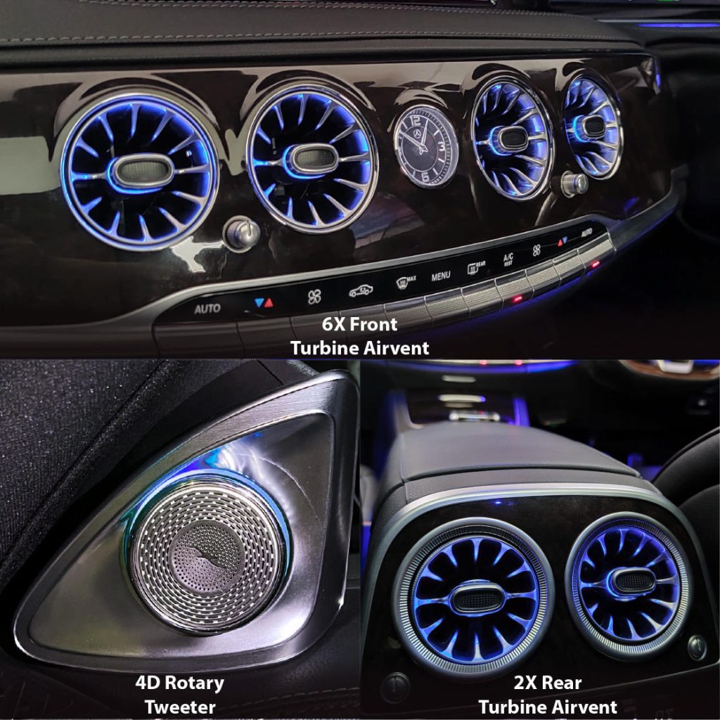 64 Color Ambient Lighting Kit for Mercedes Benz S-Class W222 Turbine Air Vent Rotating Tweeter LED Interior Atmosphere Light