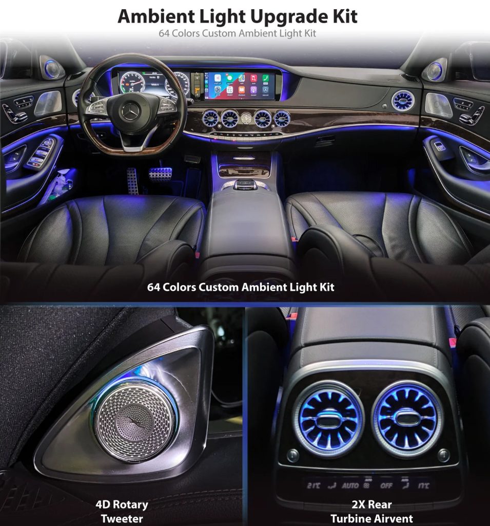64 Color Ambient Lighting Kit for Mercedes Benz S-Class W222 Turbine Air Vent Rotating Tweeter LED Interior Atmosphere Light